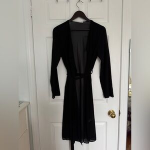 Belted Long Mesh Tie Waist Cardigan in Black